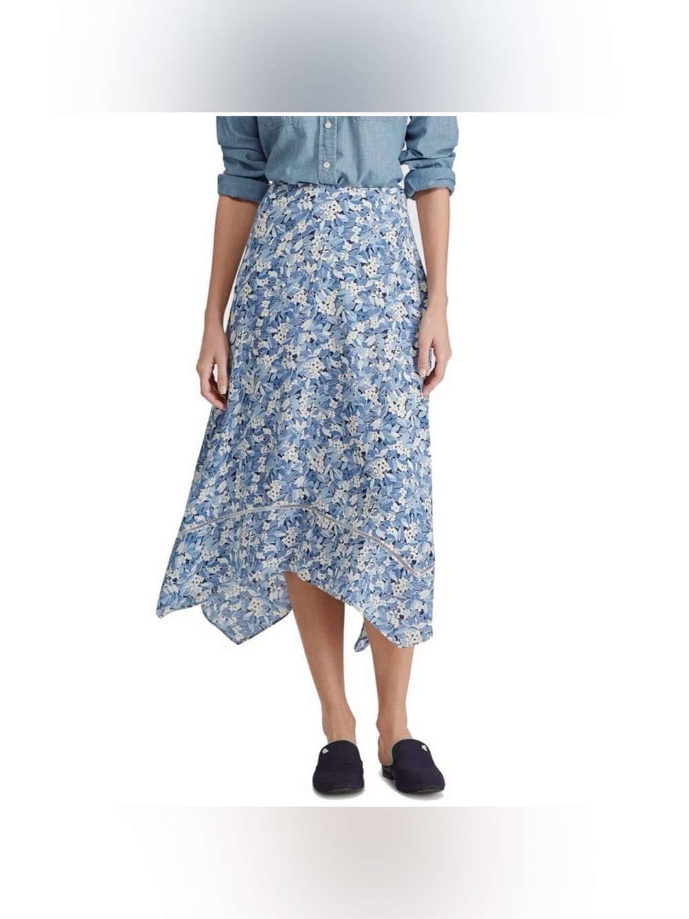 Lauren Ralph Lauren Blue Floral Asymmetric Handkerchief Hem Midi Skirt Size 4
